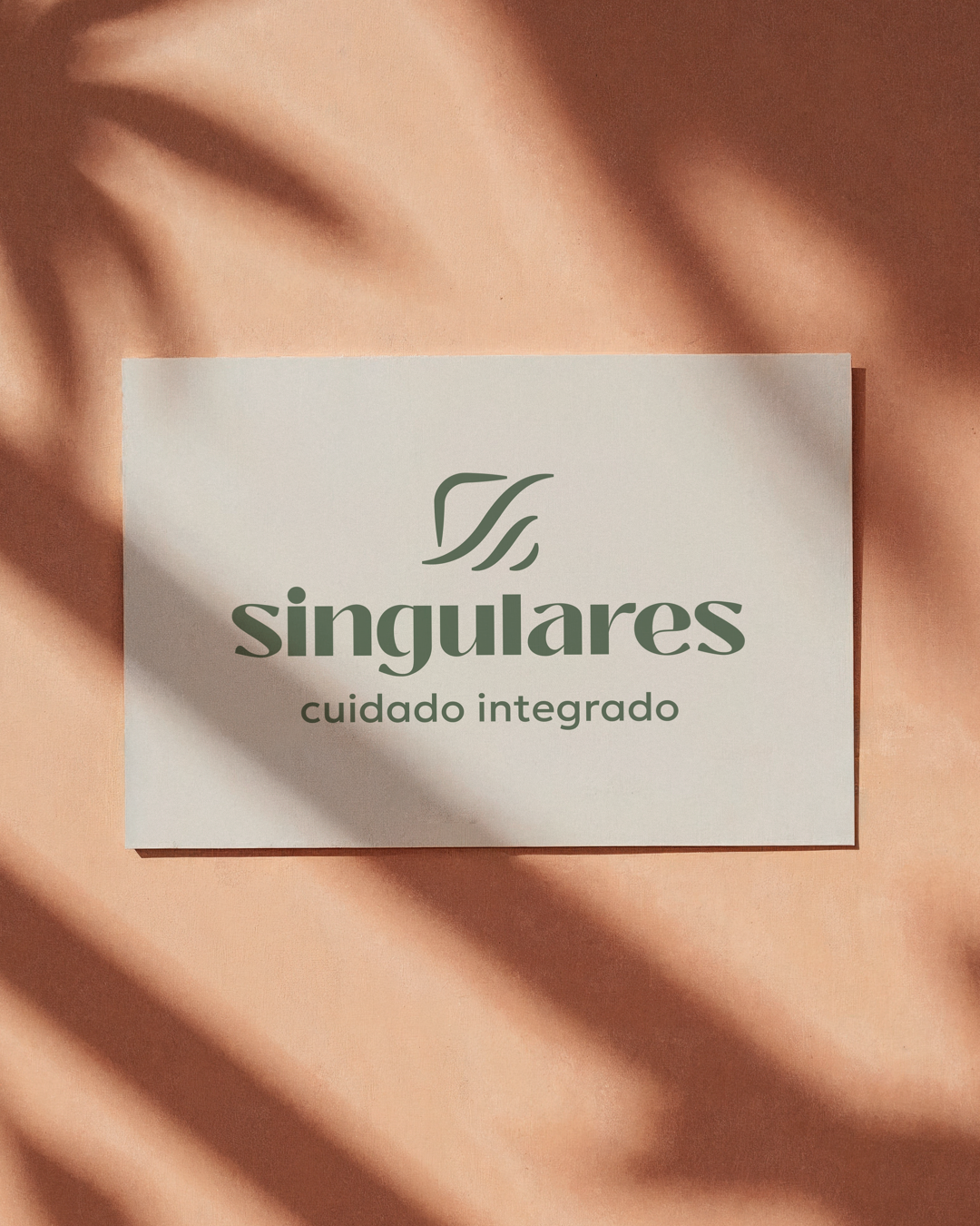 Singulares Cuidado Integrado logo on a card with a terracotta background