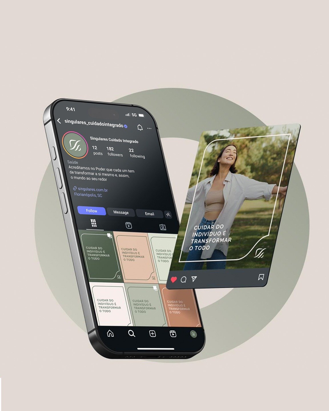 Singulares Cuidado Integrado visual identity applied to an Instagram profile and posts